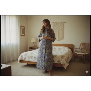 Vtg Marilyn Multicolor Textured House Coat Dress Full Length Maxi 3/4 Sleeve Rob